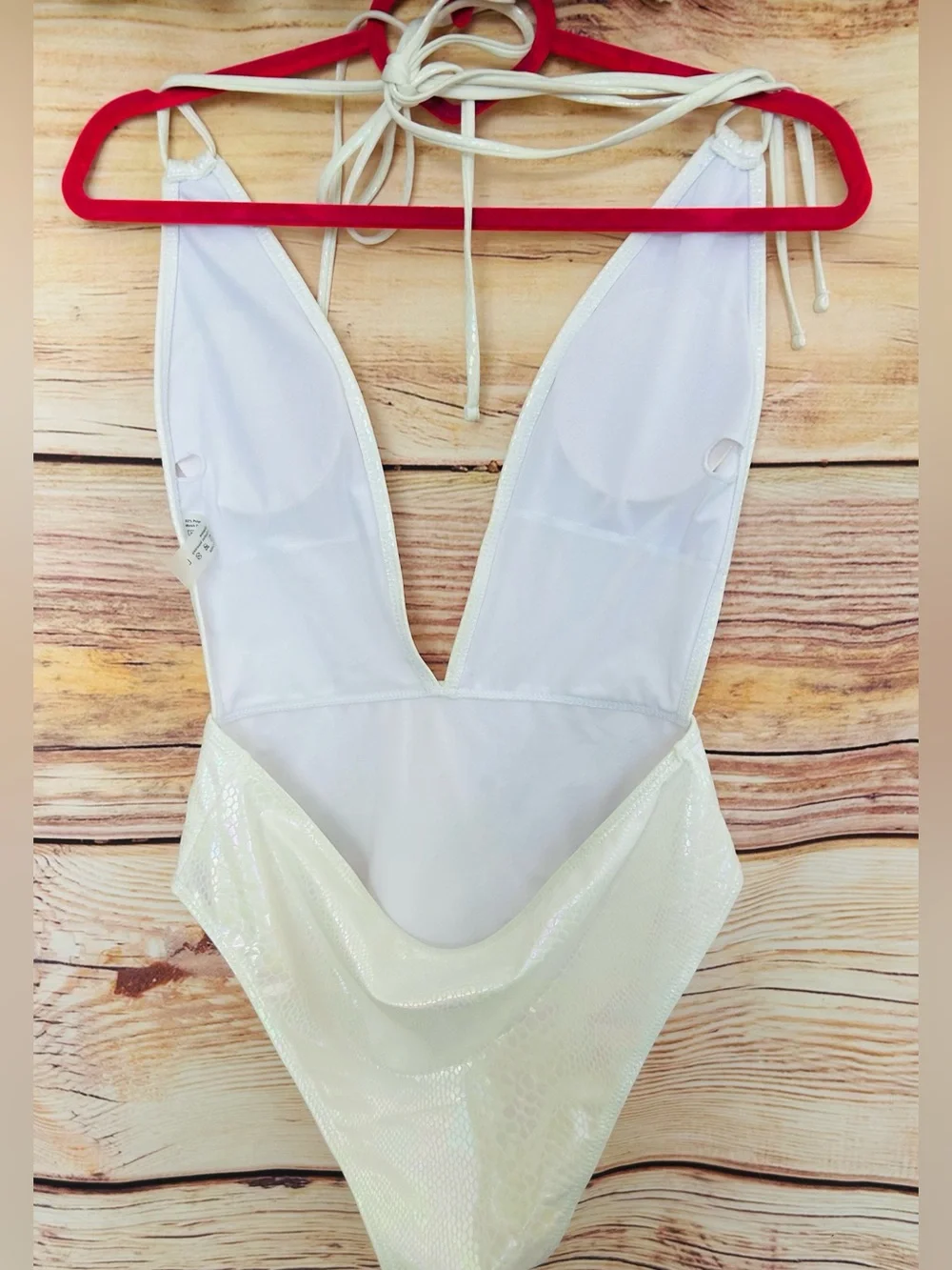 SHEIN White Snakeskin Print Iridescence Plunging One-Piece Swim Suit L NWT